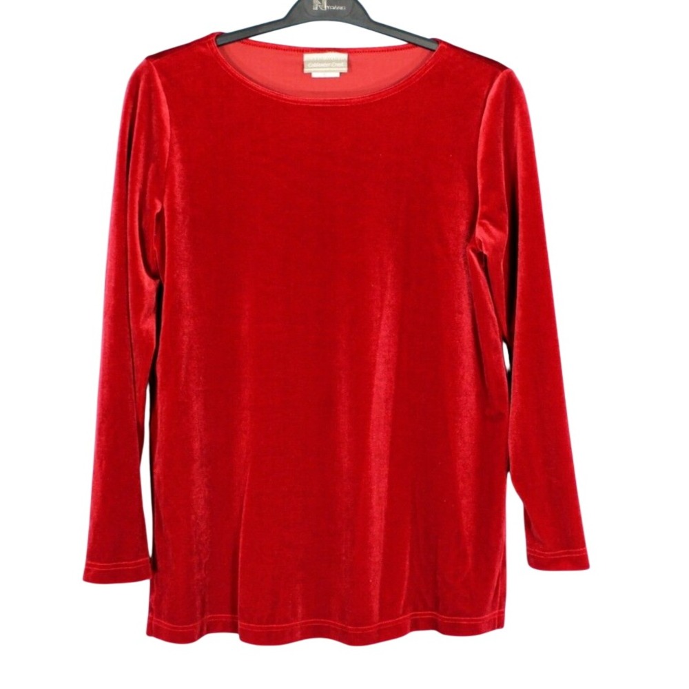 COLDWATER CREEK Vtg VELVET/VELOUR Dark Red SIDE SLITS Pullover BLOUSE/TOP Sz S